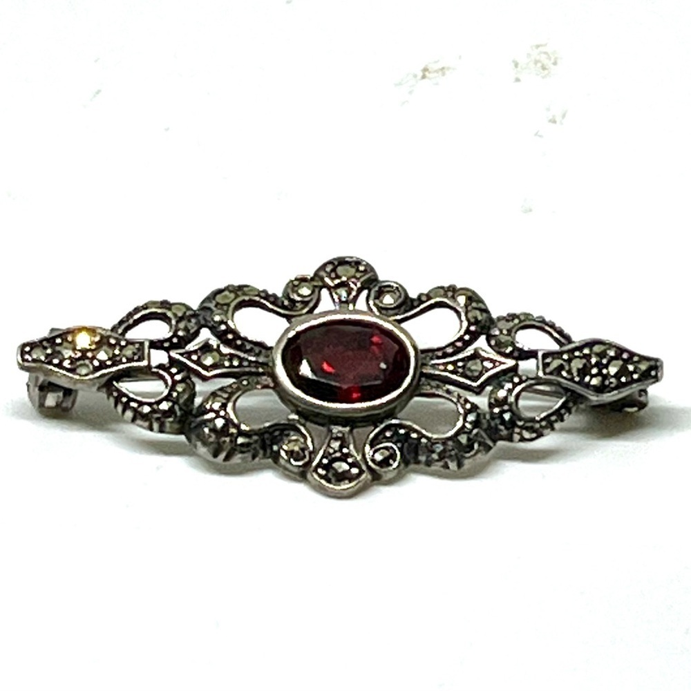 Vintage 925 Silver Garnet Marcasite Brooch